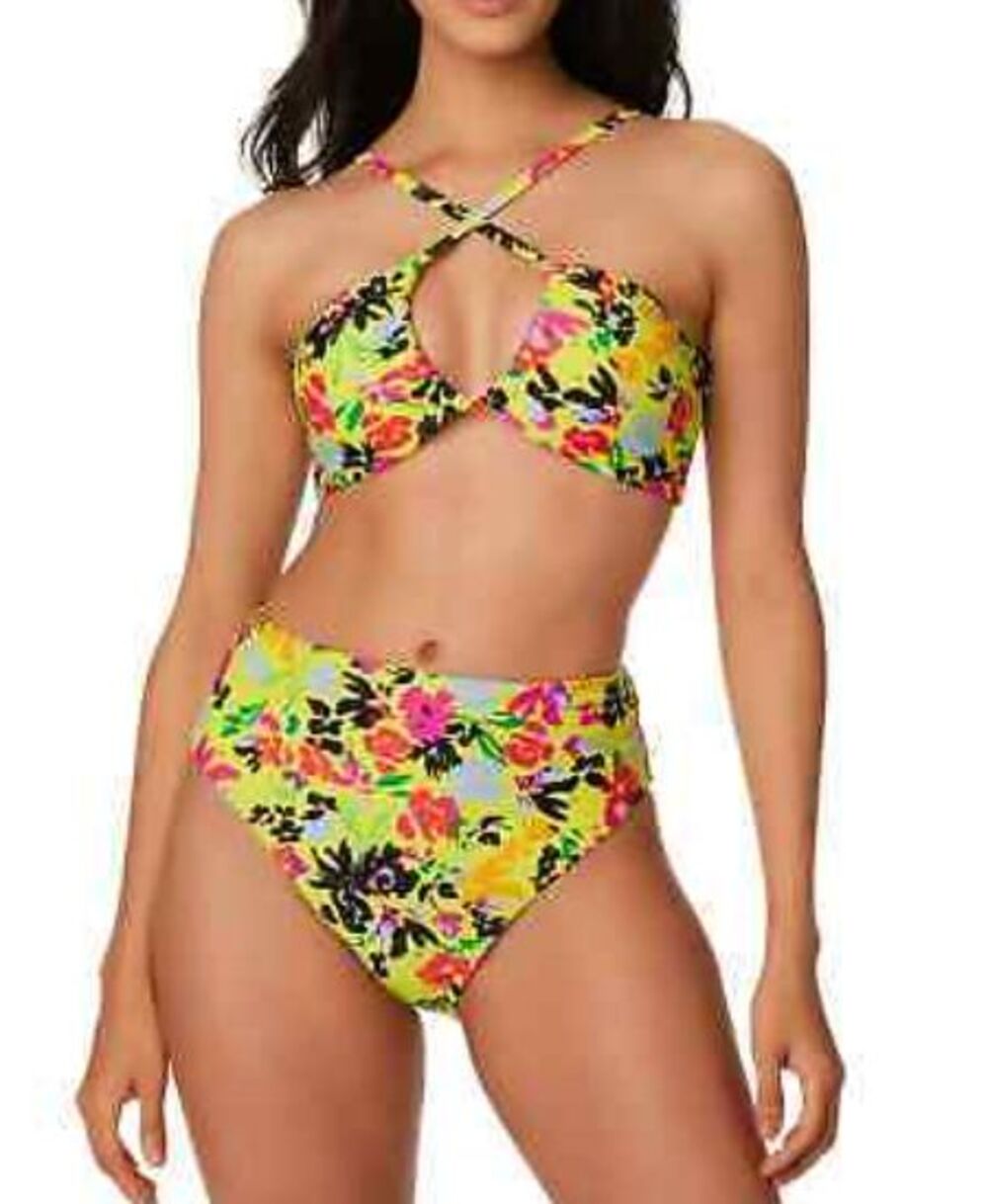 Bar III Womens Yellow Floral Chic Bikini Top & High-Leg High-Rise Bottoms SMALL